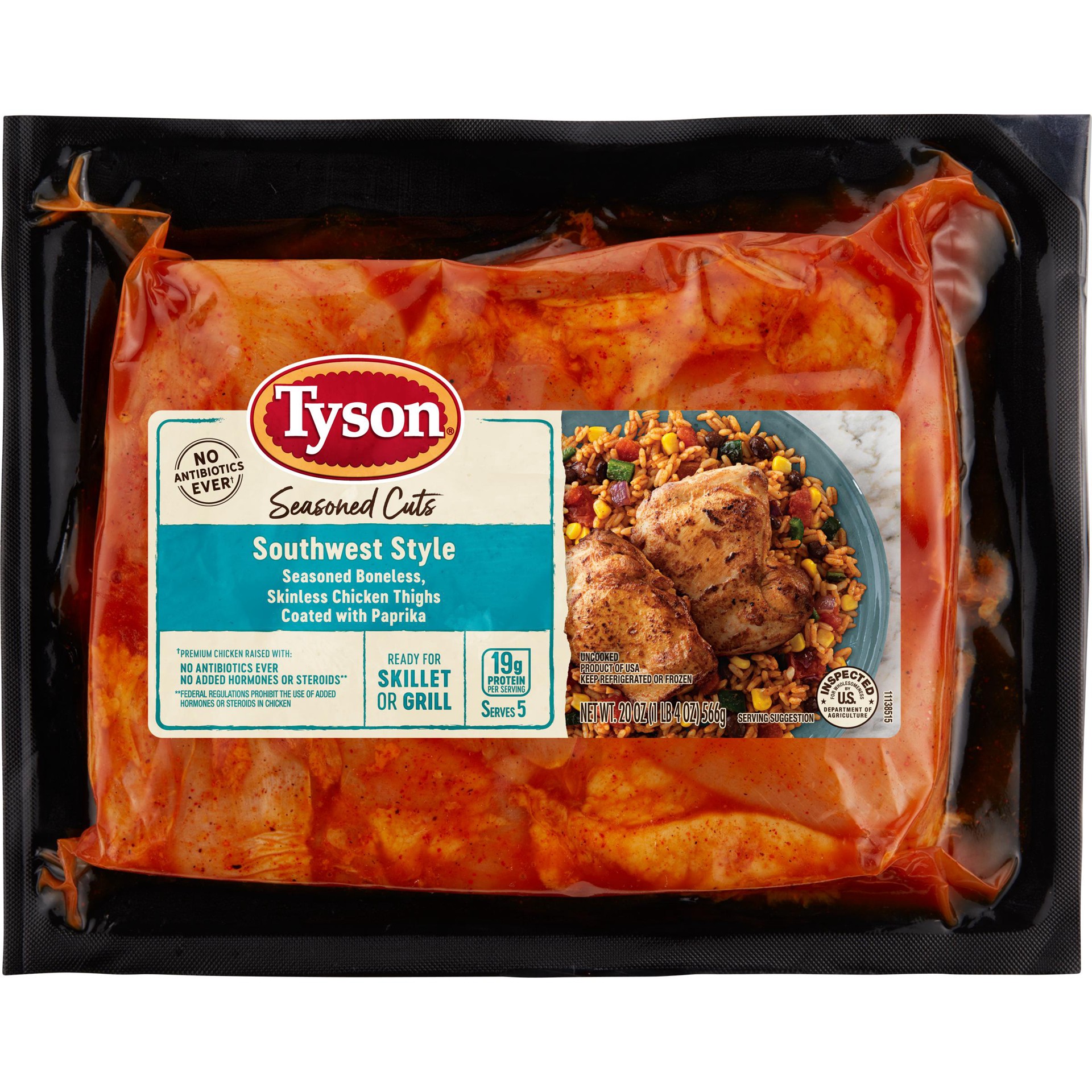 slide 1 of 1, Tyson Seasoned Cuts Southwest Style Boneless Skinless Chicken Thighs, 20 oz, 566.99 g