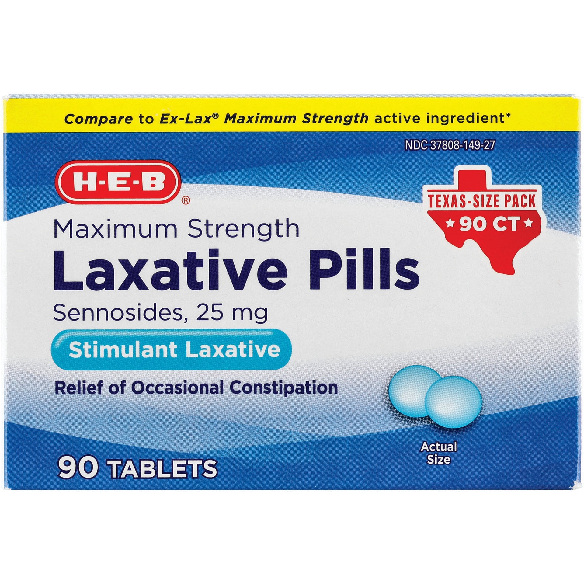 slide 1 of 1, H-E-B Maximum Strength Laxative 25 mg Tablets Texas-Size Pack, 90 ct