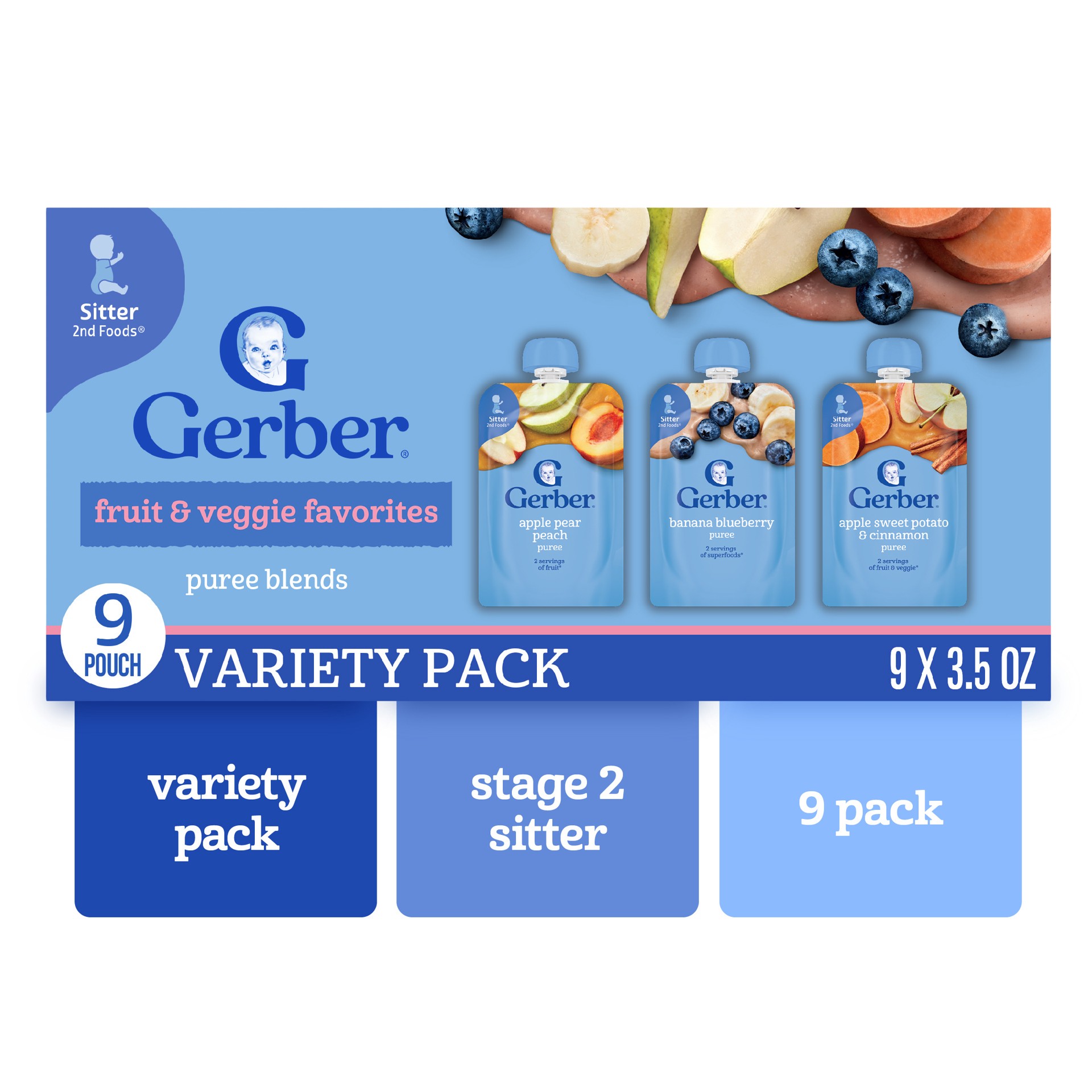 slide 1 of 9, Gerber Stage 2 Baby Food, Fruit and Veggie Favorites Puree Pouches, Variety Pack, 9PK, 1.97 lb
