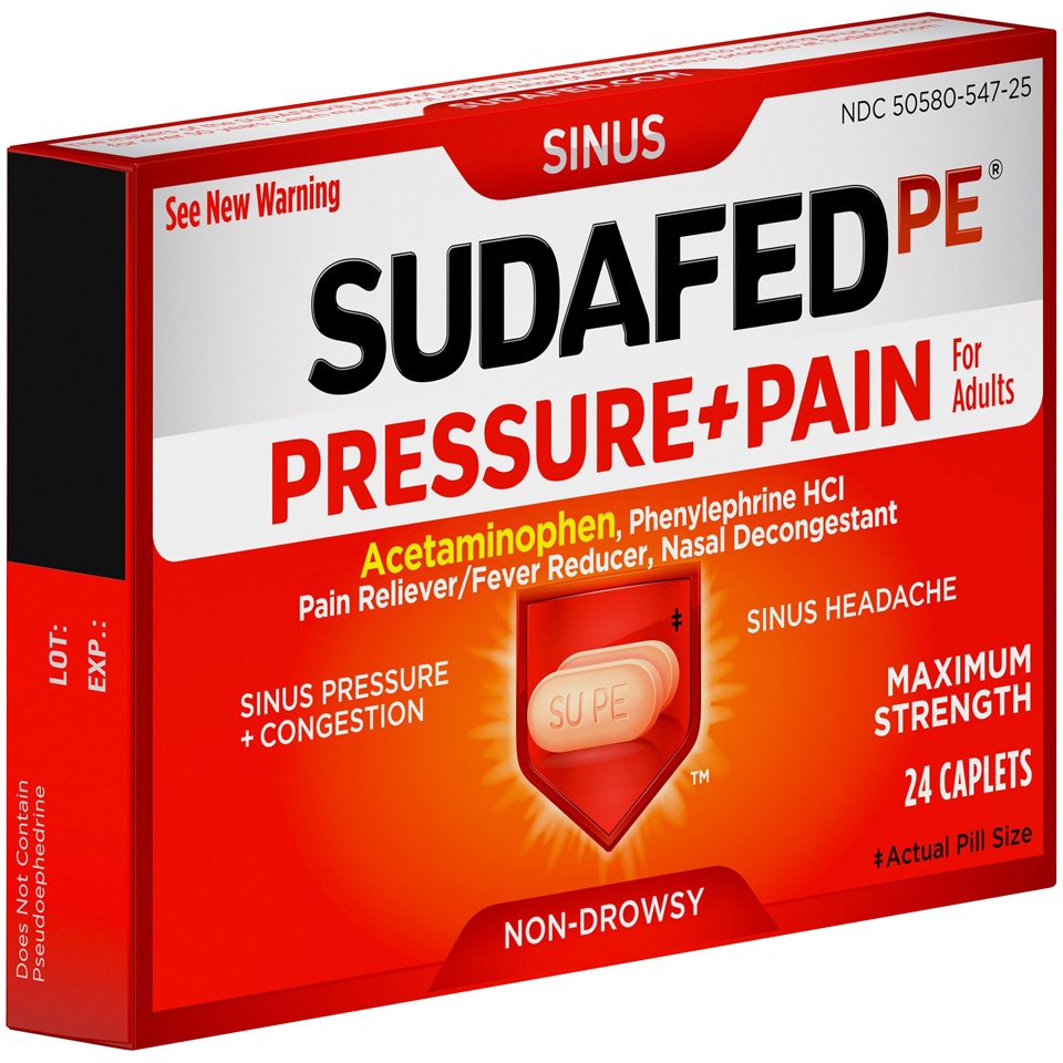 slide 2 of 6, Sudafed PE Sinus Pressure + Pain Maximum Strength Non-Drowsy Tablets with Phenylephrine HCI Decongestant & Acetaminophen, Helps Relieve Sinus Congestion, Pressure & Headache, 24 ct