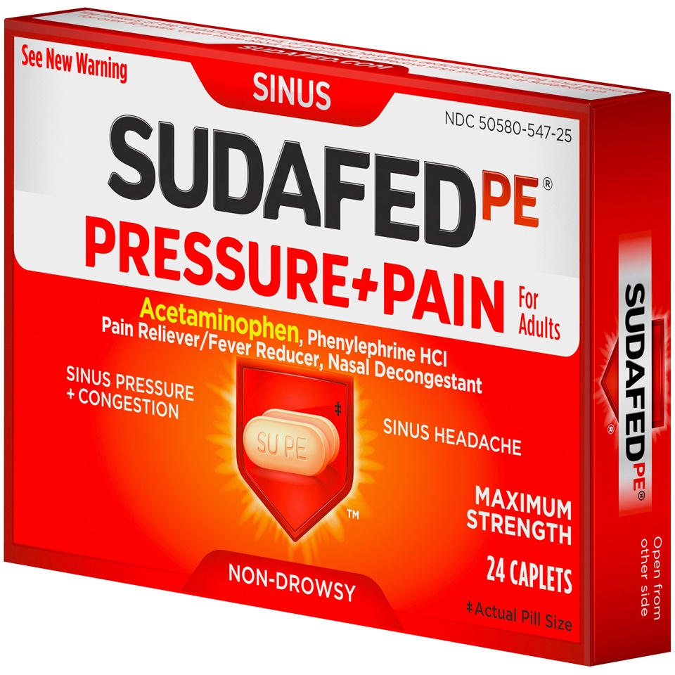 slide 3 of 6, Sudafed PE Sinus Pressure + Pain Maximum Strength Non-Drowsy Tablets with Phenylephrine HCI Decongestant & Acetaminophen, Helps Relieve Sinus Congestion, Pressure & Headache, 24 ct