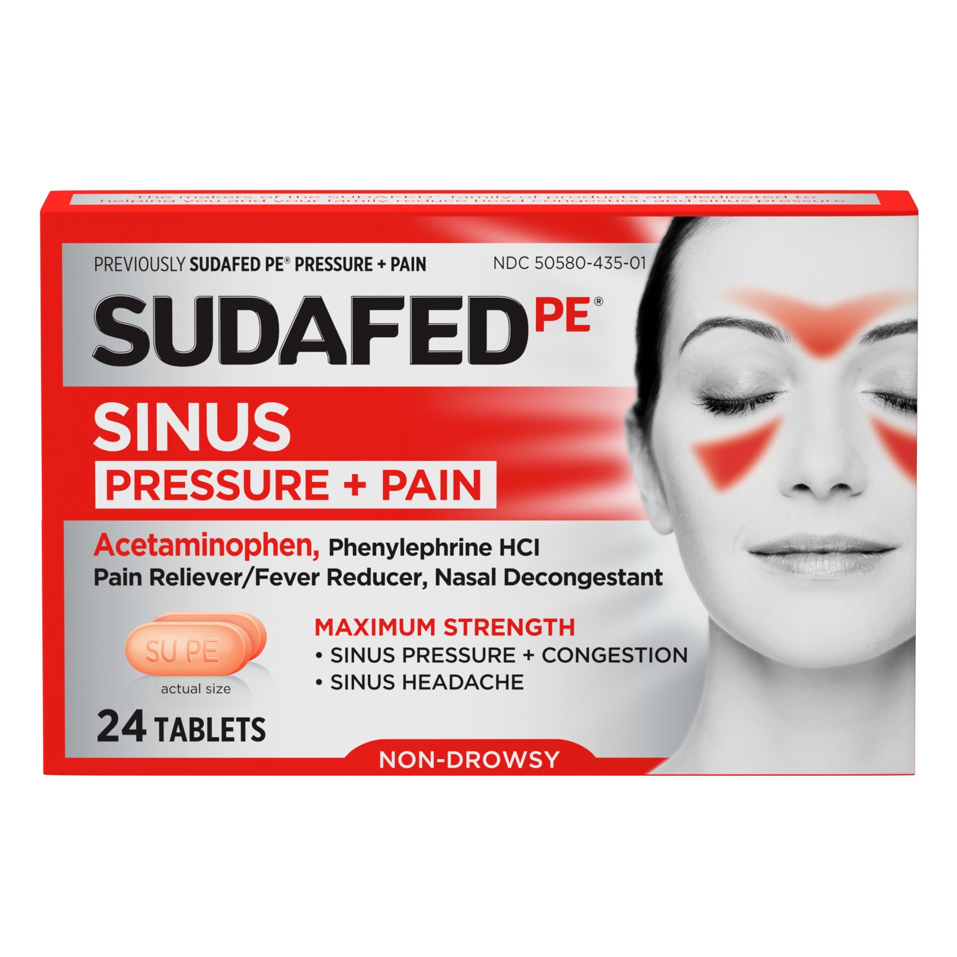 slide 1 of 7, Sudafed PE Sinus Pressure + Pain Relief Tablets, Maximum Strength, Non-Drowsy, Acetaminophen, Pain Reliever, Fever Reducer, Phenylephrine HCl, Decongestant, Sinus Congestion Relief; 24 ct; Pack of 1, 24 ct