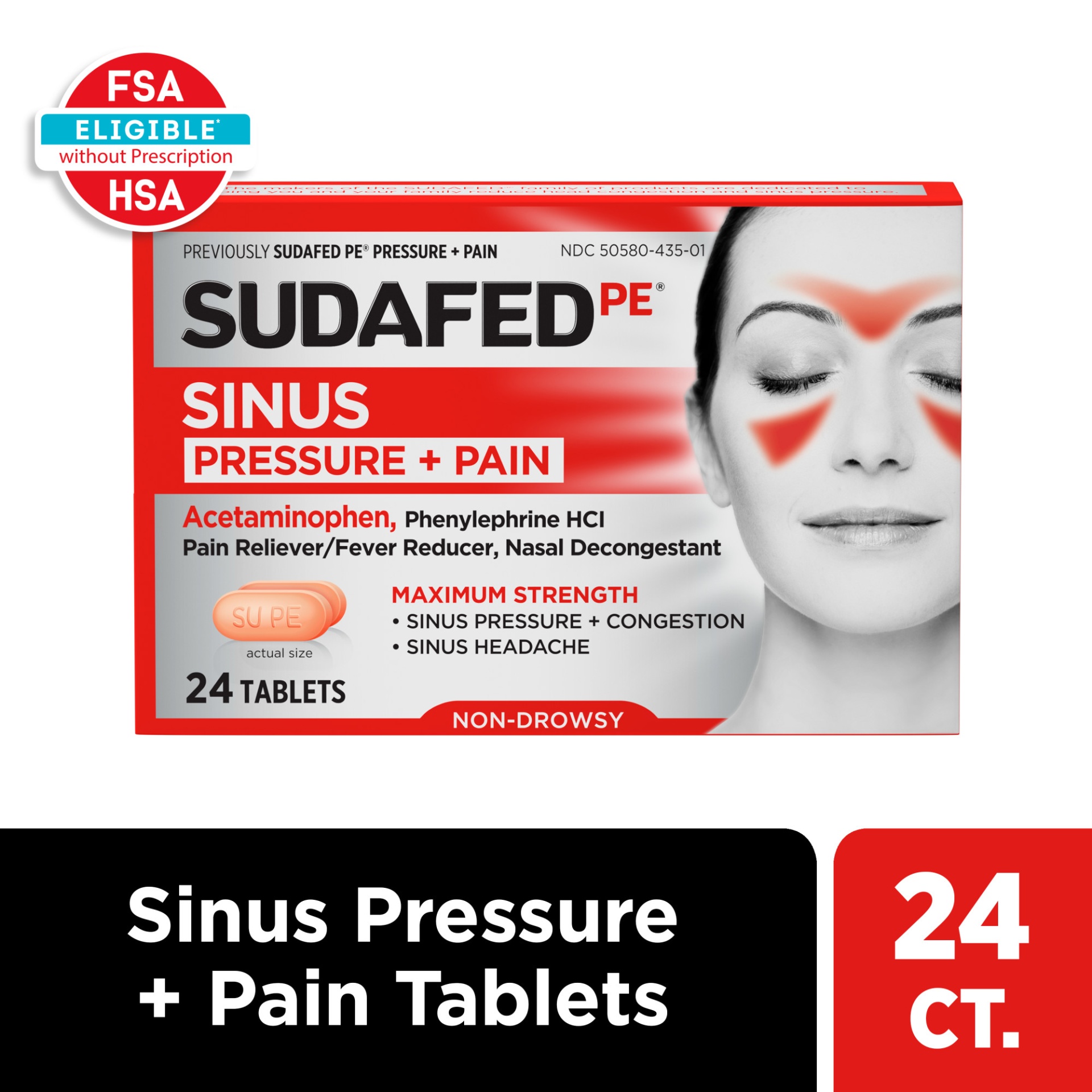 slide 1 of 6, Sudafed PE Sinus Pressure + Pain Maximum Strength Non-Drowsy Tablets with Phenylephrine HCI Decongestant & Acetaminophen, Helps Relieve Sinus Congestion, Pressure & Headache, 24 ct