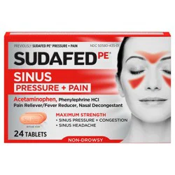 Sudafed PE Sinus Pressure + Pain Relief Tablets, Maximum Strength, Non-Drowsy, Acetaminophen, Pain Reliever, Fever Reducer, Phenylephrine HCl, Decongestant, Sinus Congestion Relief; 24 ct; Pack of 1