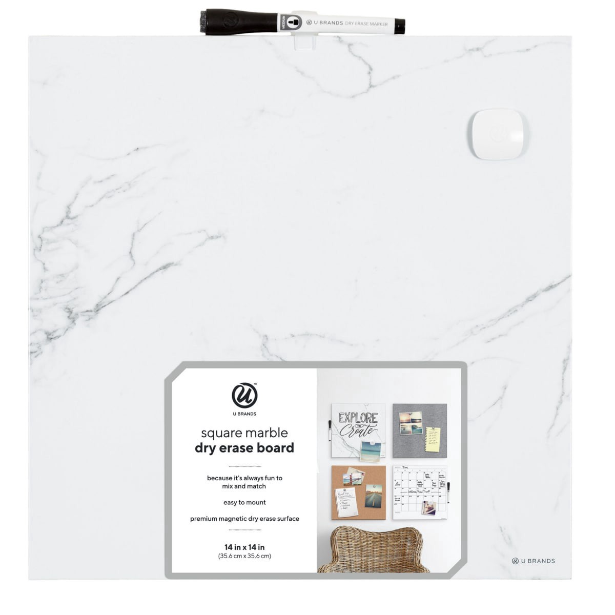 slide 1 of 5, U Brands Square Frameless Magnetic Dry Erase Calendar, Marble Print, 14 in x 14 in