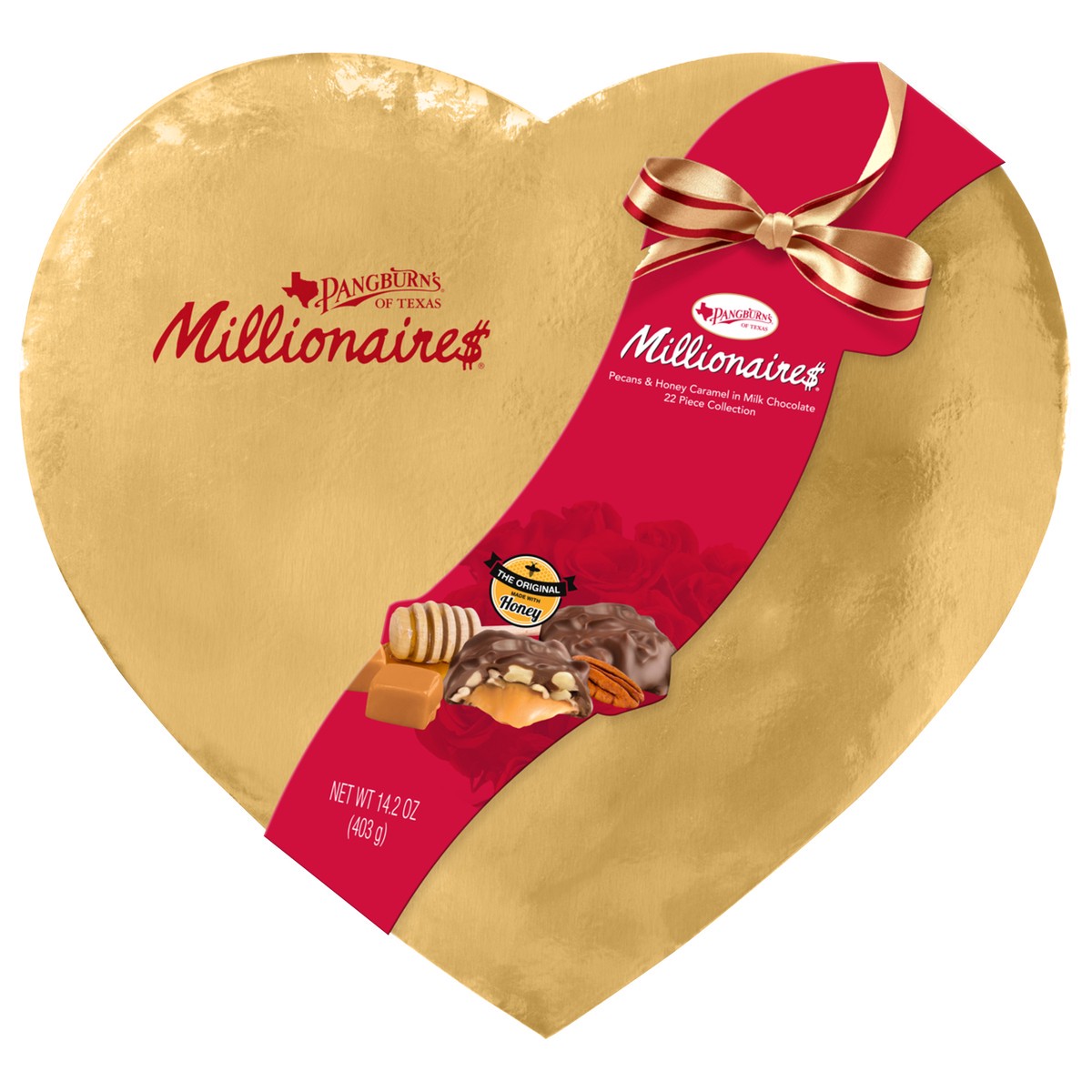 slide 10 of 12, PANGBURN'S OF TEXAS Millionaires Valentine's Day Gold Foil Heart Milk Chocolate Covered Pecans and Honey Caramel Gift Box, 14.2 oz. (16 pieces), 22 ct