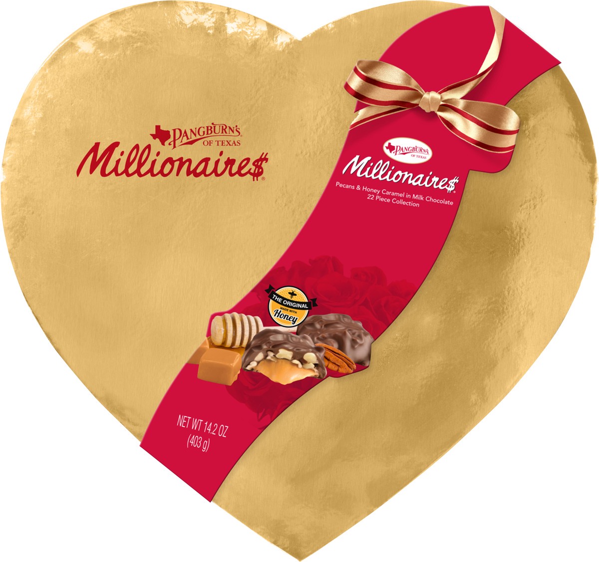 slide 5 of 12, PANGBURN'S OF TEXAS Millionaires Valentine's Day Gold Foil Heart Milk Chocolate Covered Pecans and Honey Caramel Gift Box, 14.2 oz. (16 pieces), 22 ct