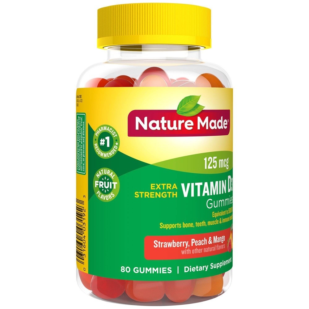 slide 2 of 2, Nature Made Extra Strength Vitamin D3 5000 IU (125 mcg) per serving, Dietary Supplement for Bone, Teeth, Muscle and Immune Health Support, 80 Gummies, 40 Day Supply, 80 ct