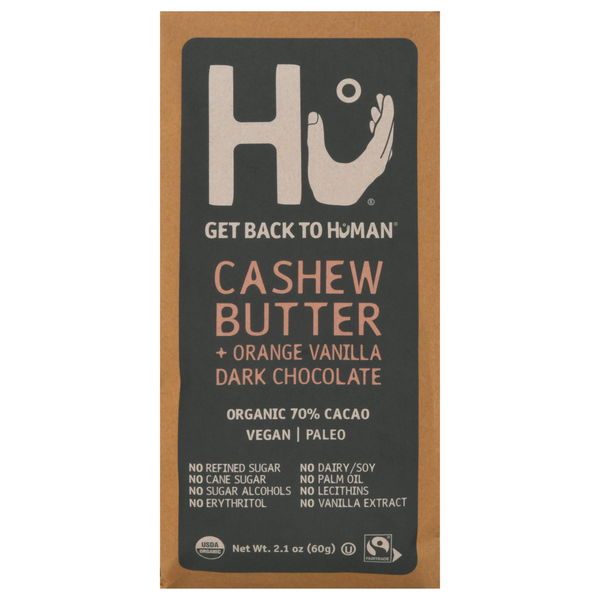 slide 1 of 1, Hu Dark Chocolate, Organic, Cashew Butter + Orange Vanilla, 70% Cacao, 2.1 oz