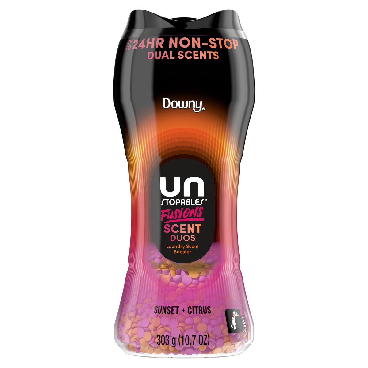 slide 1 of 7, Downy Unstopables Fusions Scent Duos Laundry Scent Booster Beads, Sunset and Citrus Scent, 10.7 OZ, 24hr non-stop freshness with 2 in 1 dual scent laundry scent beads, 10.7 oz