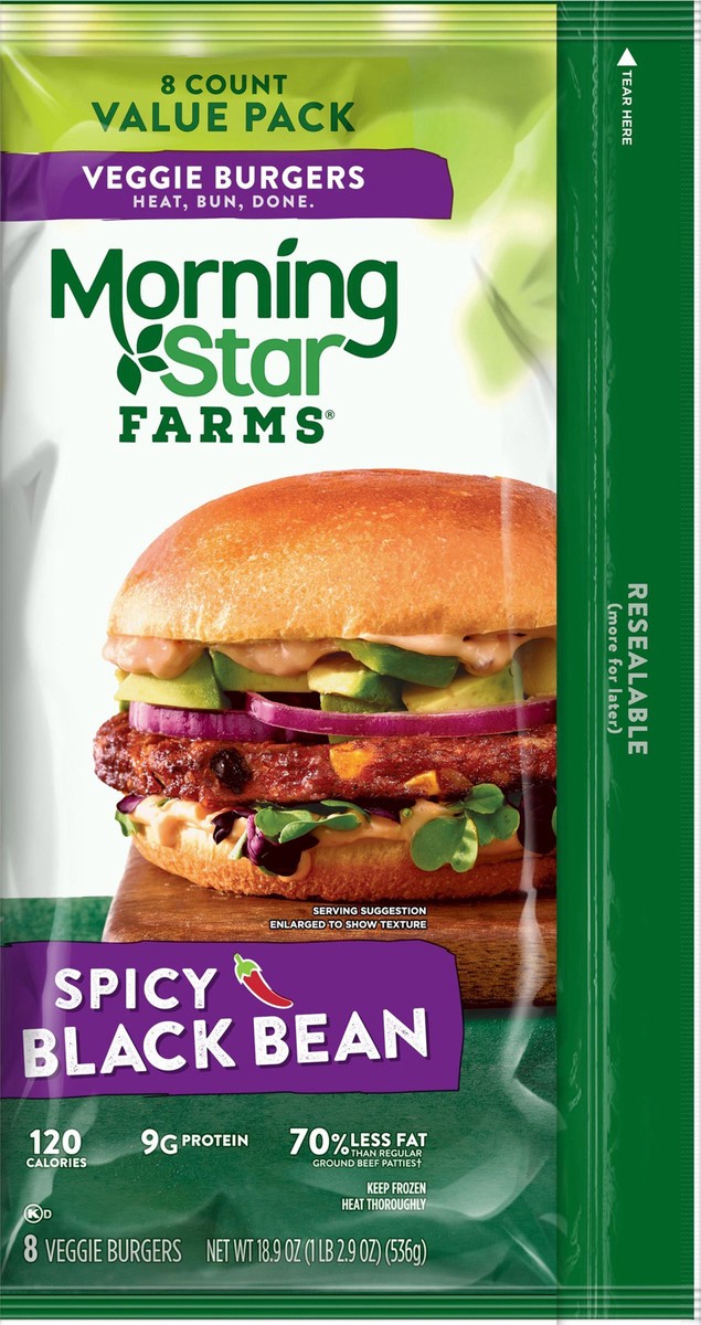 slide 10 of 12, MorningStar Farms Veggie Burgers, Spicy Black Bean, 18.9 oz, 8 Count, Frozen, 18.9 oz