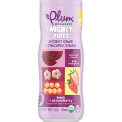 Plum Organics Baby Crawlers Mighty Puffs Ancient Grain + Chickpea Snack Beet + Strawberry 1.85oz Canister