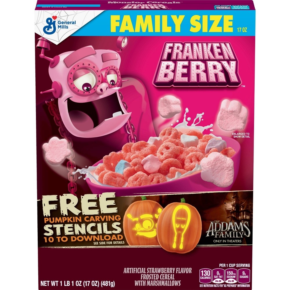 slide 2 of 3, Franken Berry Strawberry Flavor Frosted with Marshmallows Family Size Cereal, 17 oz