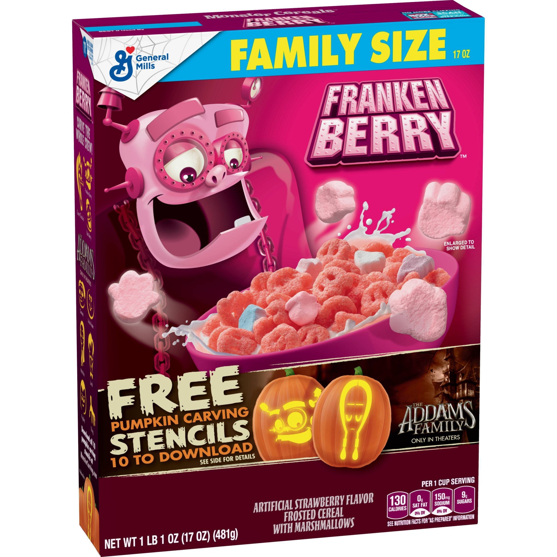 slide 1 of 3, Franken Berry Strawberry Flavor Frosted with Marshmallows Family Size Cereal, 17 oz