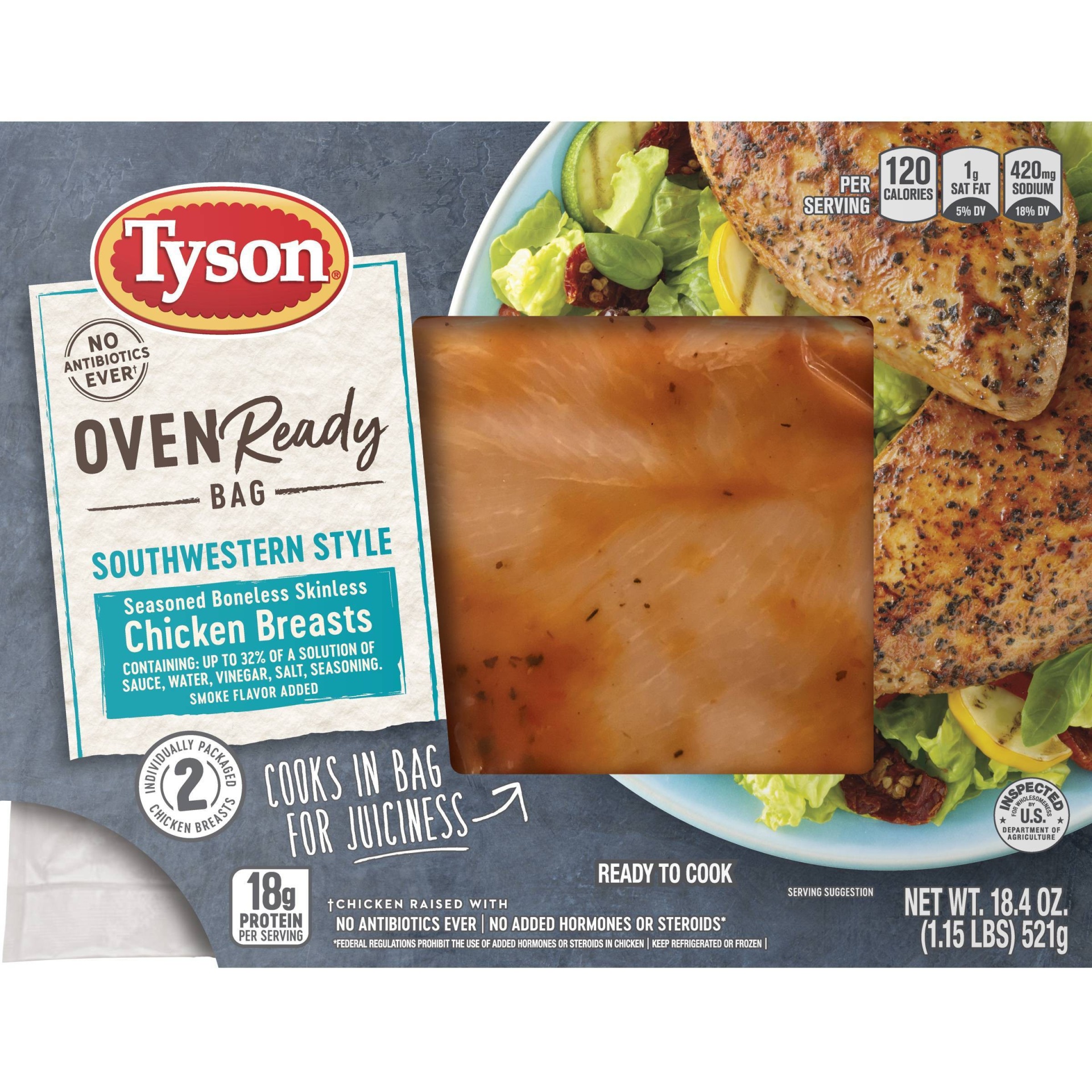 slide 1 of 2, Tyson Oven Ready Southwestern Style Boneless & Skinless Seasoned Chicken Breast, 18.4 oz