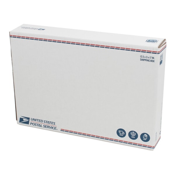 slide 1 of 1, United States Post Office Fold Over Flap Shipping Box, 12-1/4'' X 3'' X 17-5/8'', White, 3 in