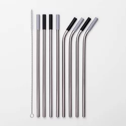 9pc Stainless Steel Straws with Cleaning Brush Dark Tips - Room Essentials