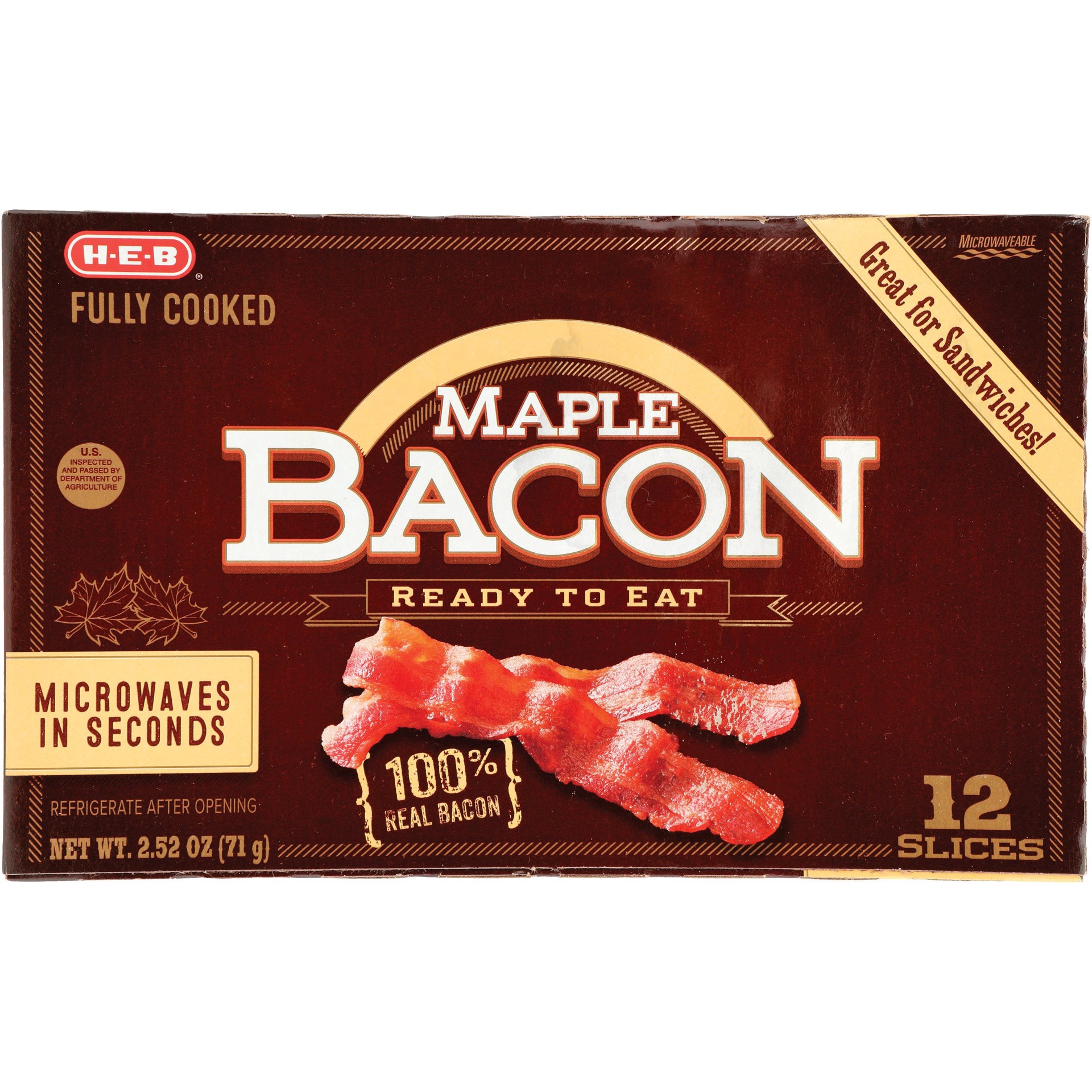 slide 1 of 1, H-E-B Fully Cooked Maple Bacon, 12 ct