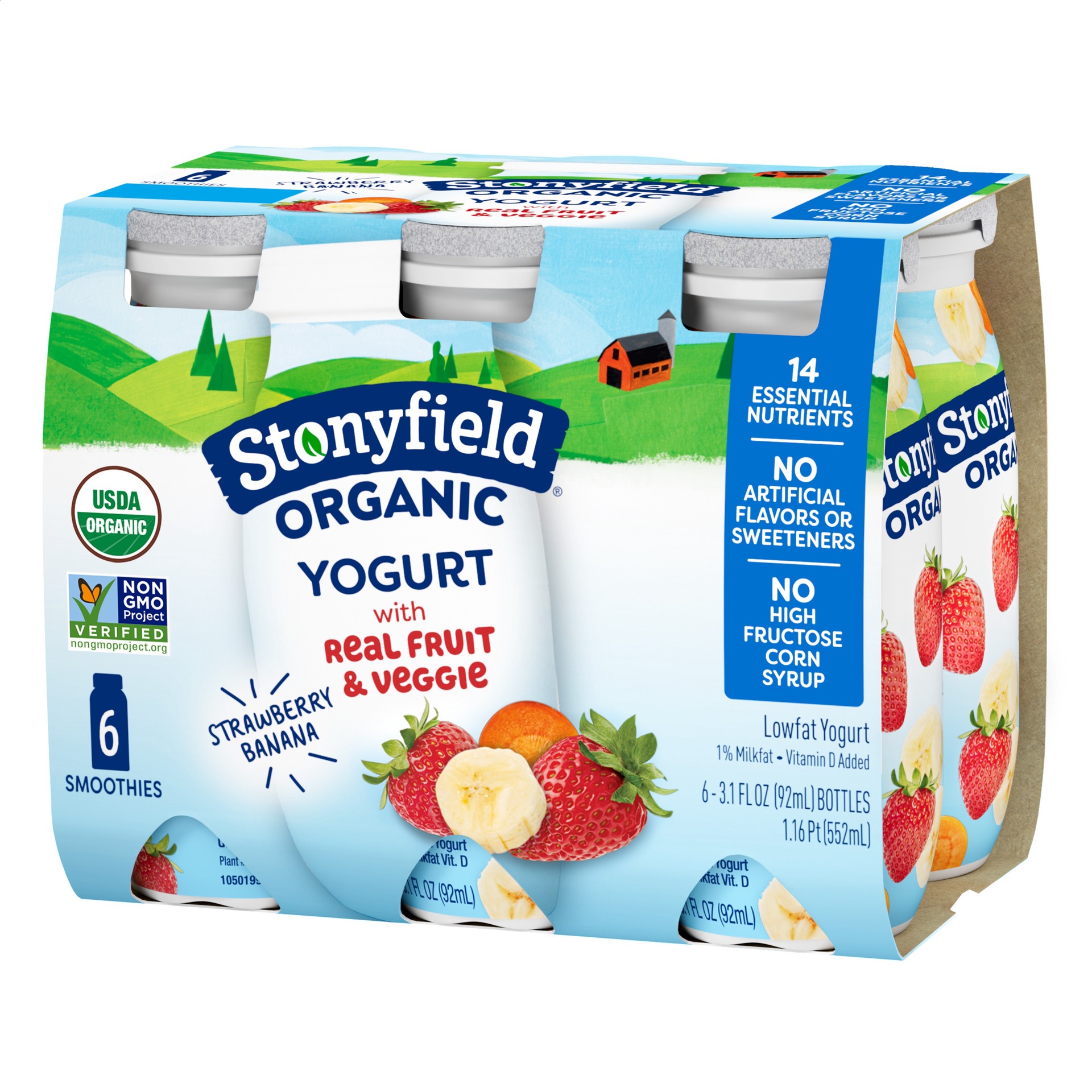 slide 1 of 90, Stonyfield Organic Kids Strawberry Banana Lowfat Yogurt Smoothies 6-3.1 fl. oz. Bottles, 6 ct; 3.1 oz