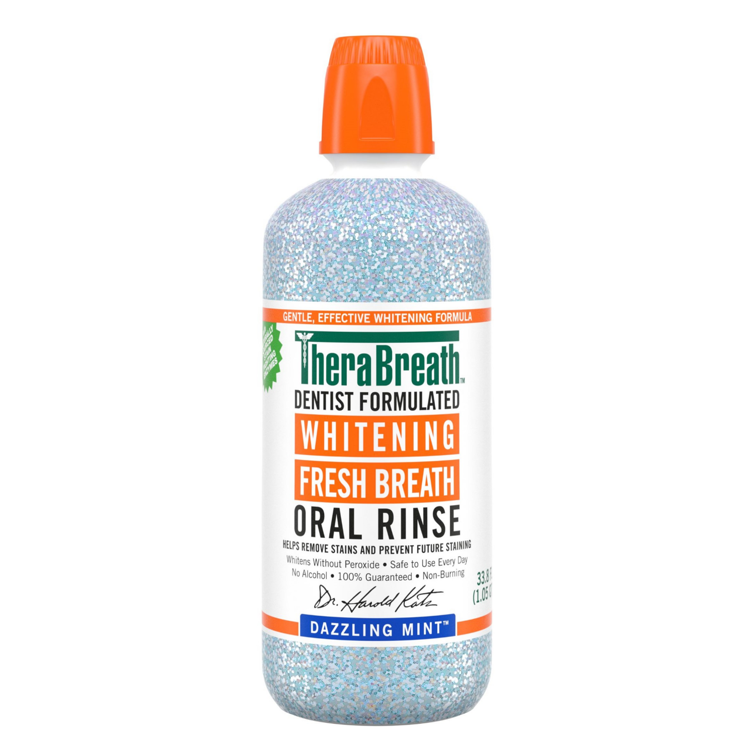 slide 1 of 2, TheraBreath Fresh Breath Whitening Mouthwash Dazzling Mint Alcohol-Free, 33.8 fl oz