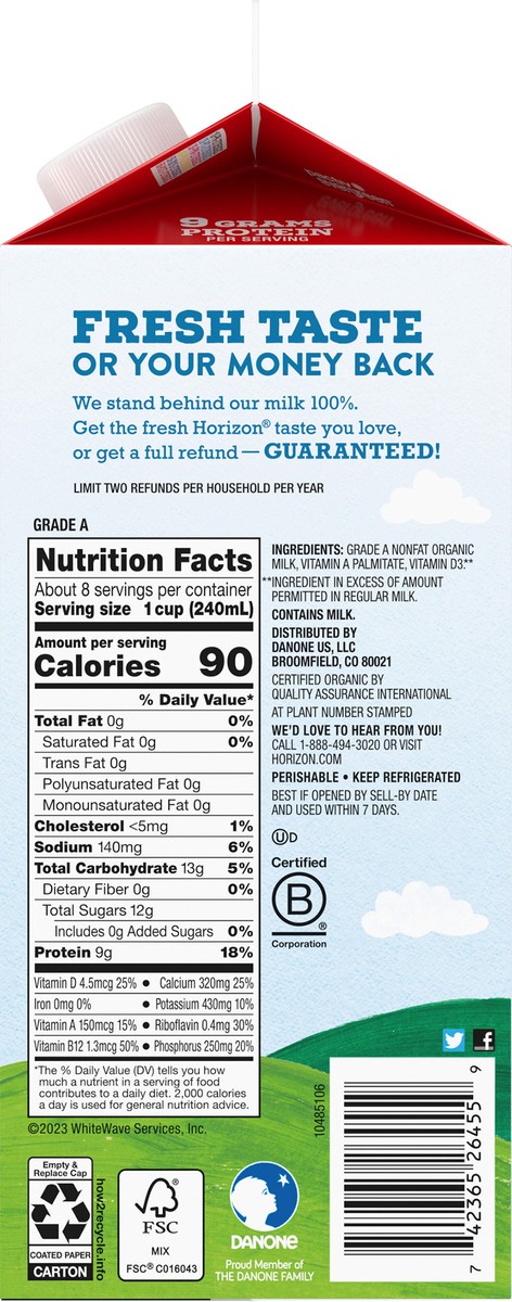 slide 13 of 13, Horizon Organic Nonfat High Vitamin D Milk, Half Gallon, 1/2 gal