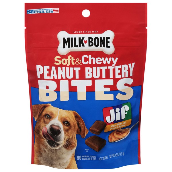 slide 1 of 4, Milk-Bone Peanut Buttery Bites Soft Dog Treats With Jif Peanut Butter, 4.5-Oz. Bag, 4.5 oz