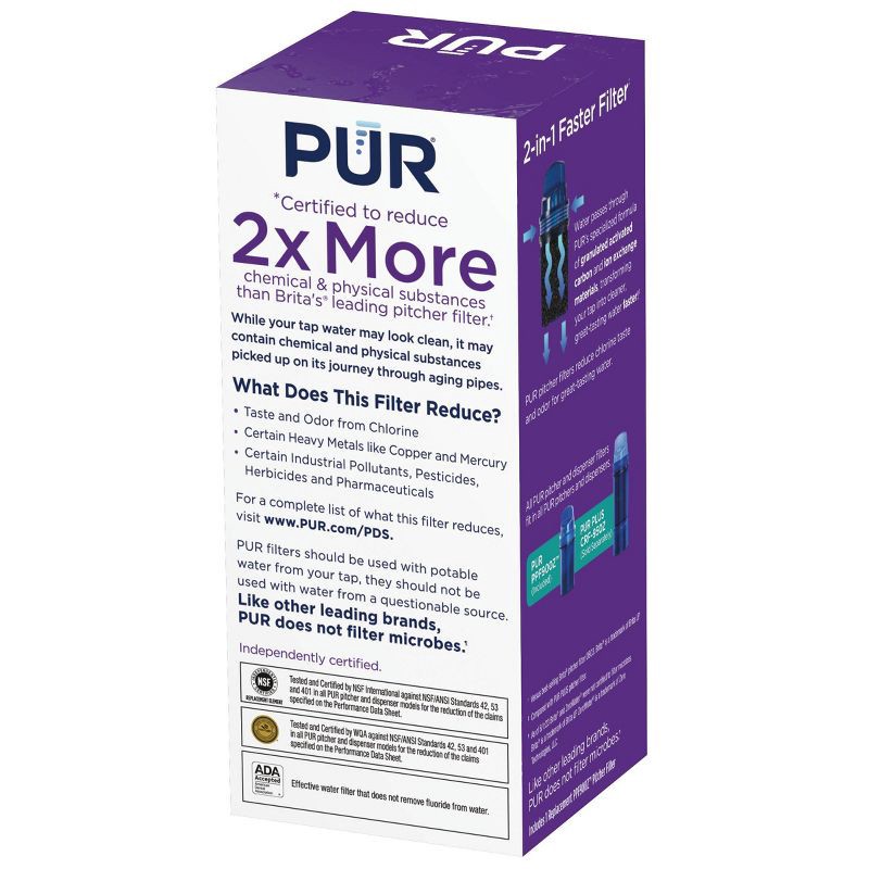 slide 7 of 10, PUR Filtration Water Pitcher Replacement Filter: Reduces Chlorine & Odors, 40-Gallon Life, Blue, Plastic, 1 Piece, 1 ct