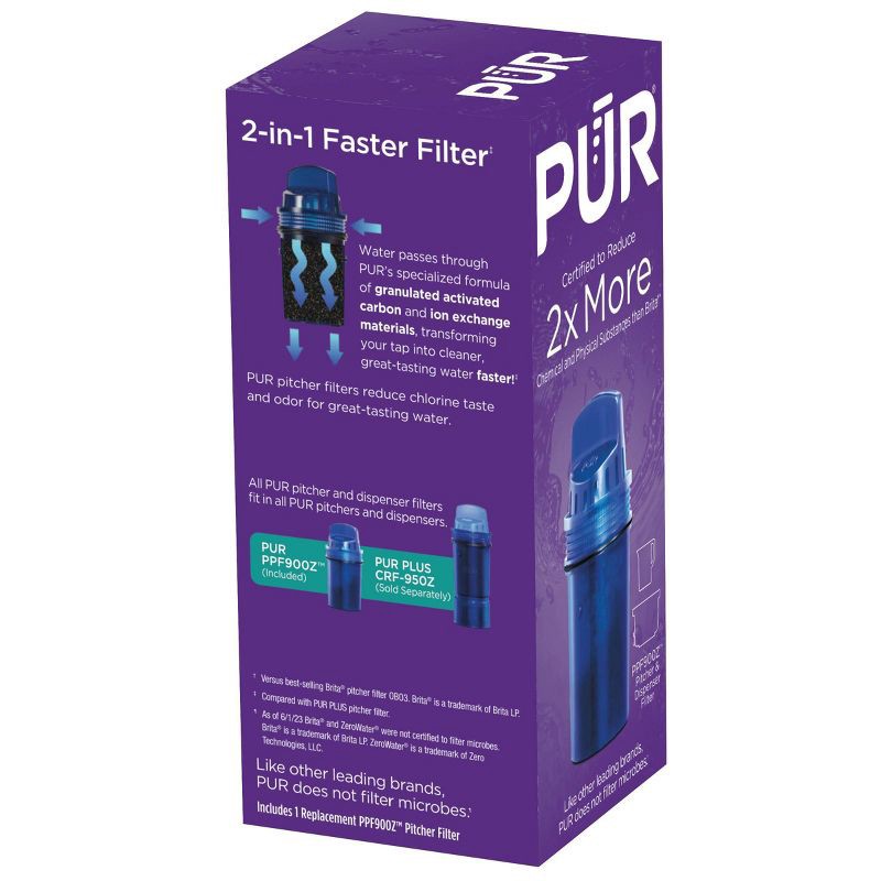 slide 8 of 10, PUR Filtration Water Pitcher Replacement Filter: Reduces Chlorine & Odors, 40-Gallon Life, Blue, Plastic, 1 Piece, 1 ct