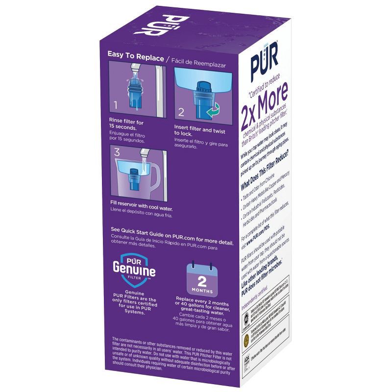 slide 9 of 10, PUR Filtration Water Pitcher Replacement Filter: Reduces Chlorine & Odors, 40-Gallon Life, Blue, Plastic, 1 Piece, 1 ct