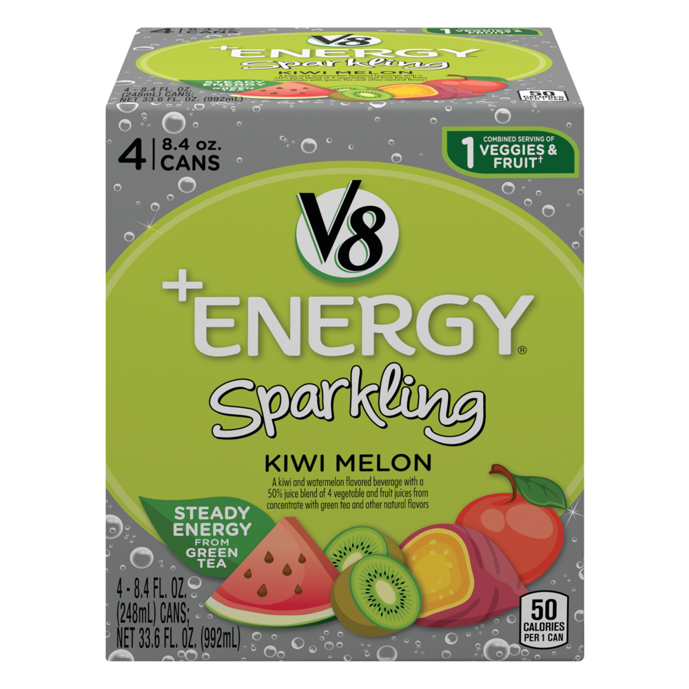 slide 1 of 8, V8 +Energy Sparkling Kiwi Melon Juice, 4 ct; 8.4 fl oz