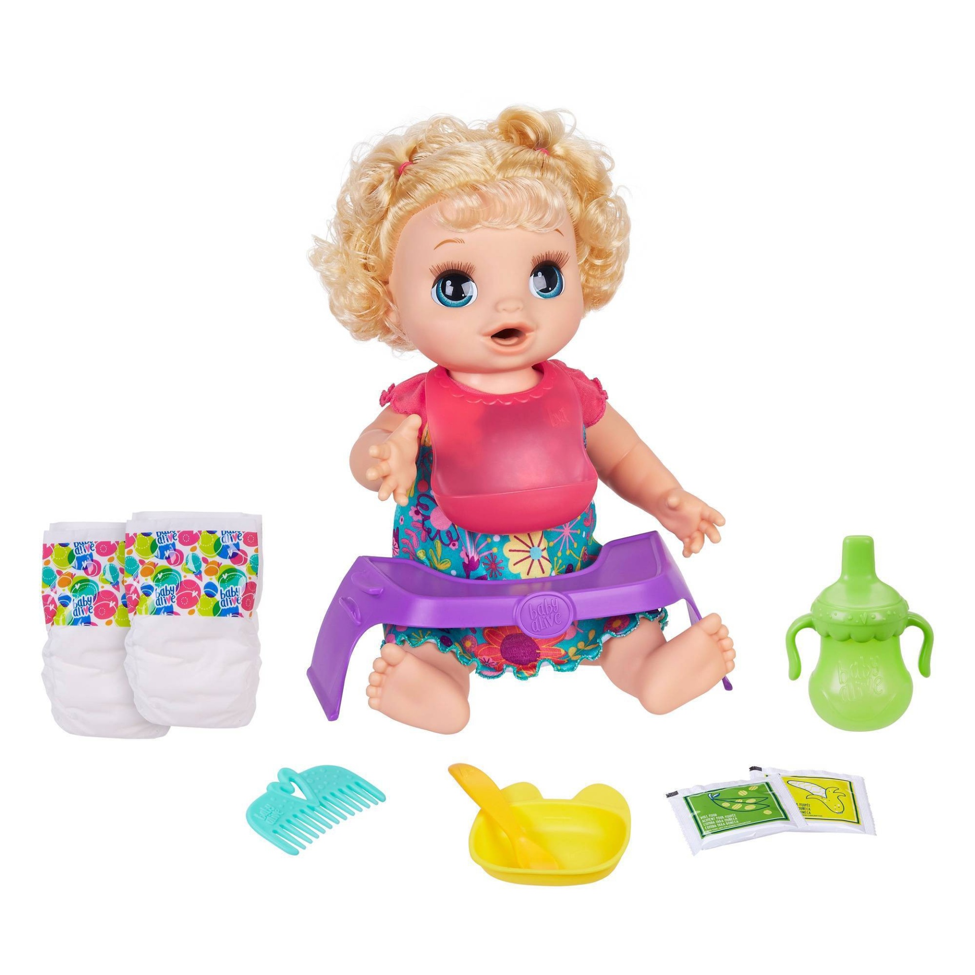 slide 1 of 8, Baby Alive Happy Hungry Baby Doll - Blonde Curly Hair, 1 ct