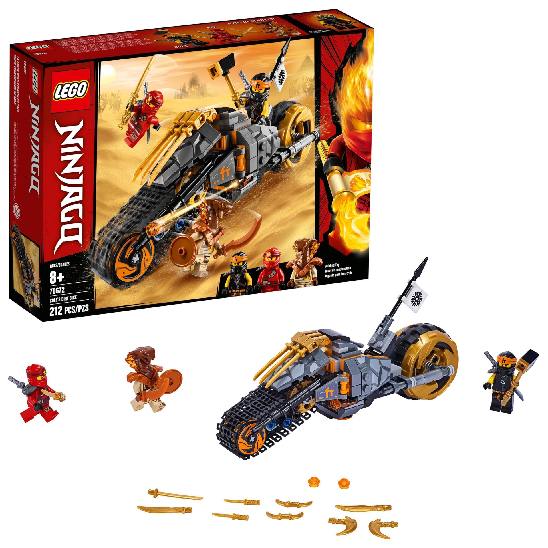 slide 1 of 7, LEGO Ninjago Cole's Dirt Bike 70672 Dirt Bike Toy Building Kit with Toy Stud Shooter, 212 ct