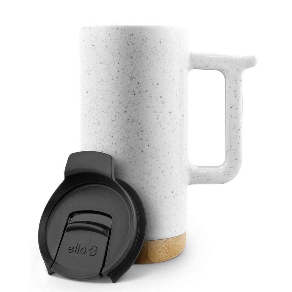 Ello 16oz Ceramic Aspen Travel Mug Coffee/Tea Speckled White With Wood Base