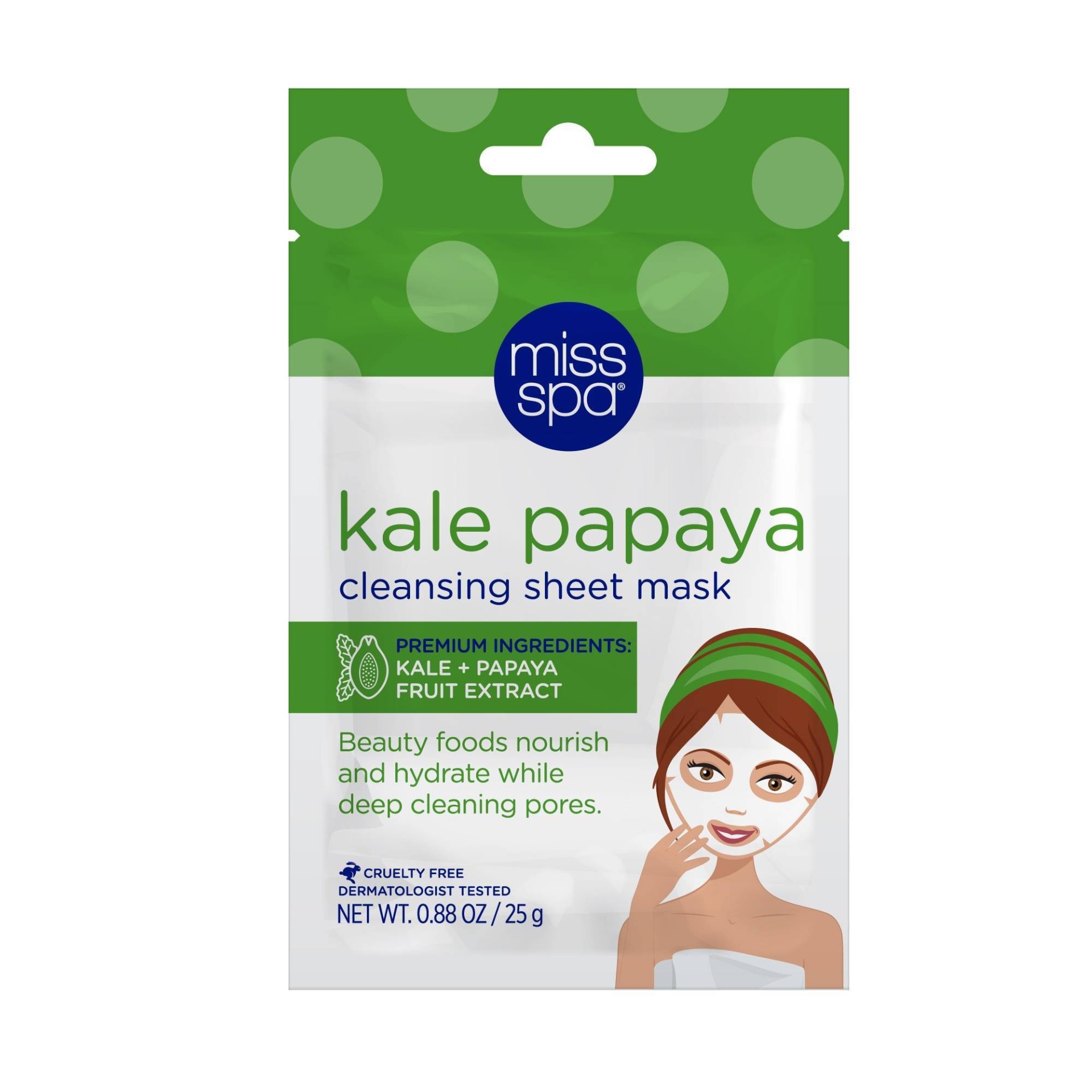 slide 1 of 2, Miss Spa Kale Papaya Cleansing Sheet Mask /, 0.88 oz