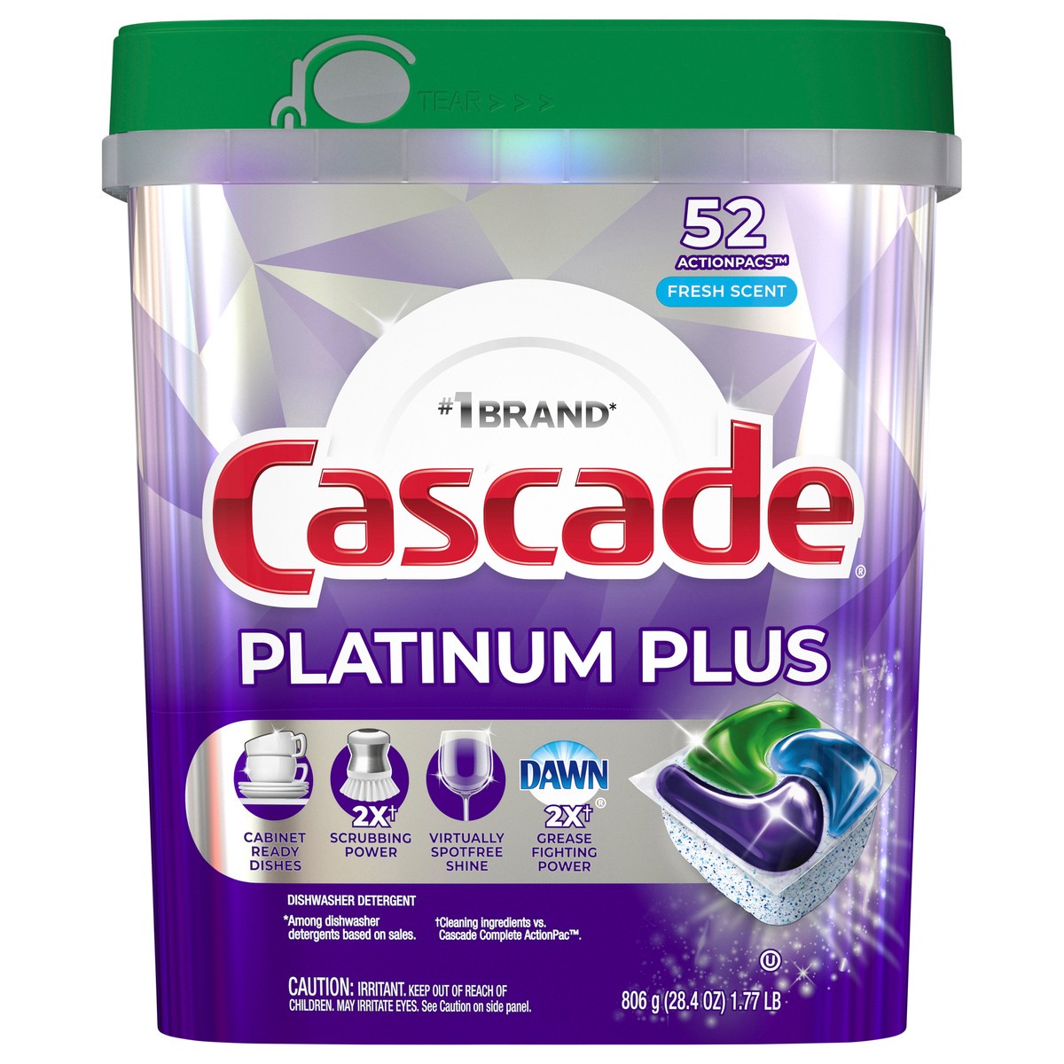 slide 1 of 5, Cascade Platinum Plus Dishwasher Pods, Dish Detergent ActionPacs, Fresh, 52 Count, 52 ct