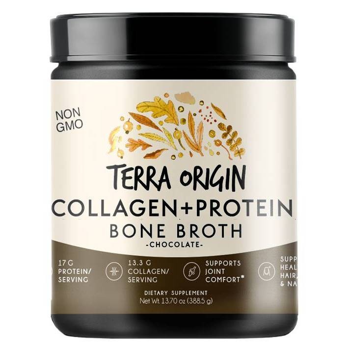 slide 1 of 3, Terra Origin Collagen And Protein Bone Broth Powder Chocolate, 13.7 oz
