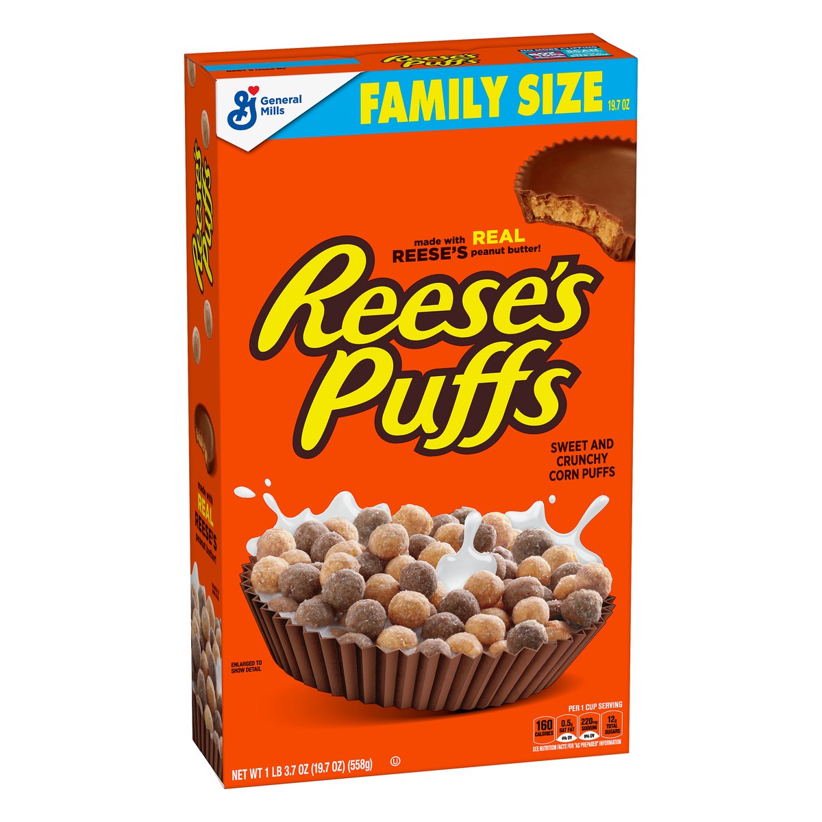 slide 8 of 11, Reese's Puffs REESE''S PUFFS Chocolatey Peanut Butter Cereal, Kid Breakfast Cereal, Family Size, 19.7 oz, 19.7 oz