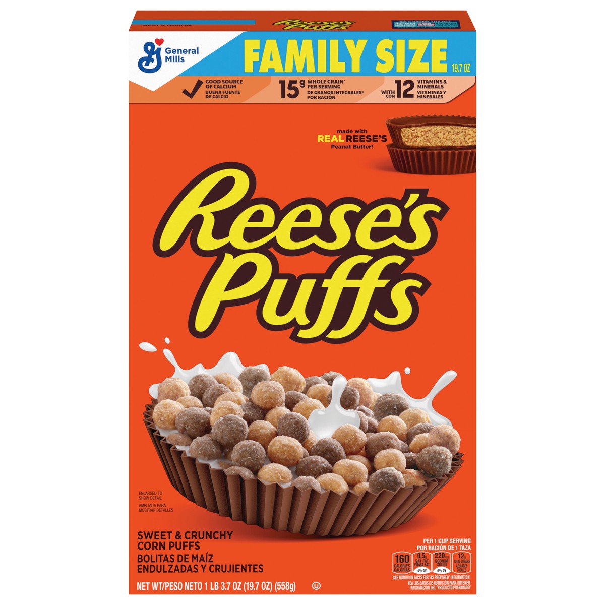 slide 1 of 11, Reese's Puffs REESE''S PUFFS Chocolatey Peanut Butter Cereal, Kid Breakfast Cereal, Family Size, 19.7 oz, 19.7 oz