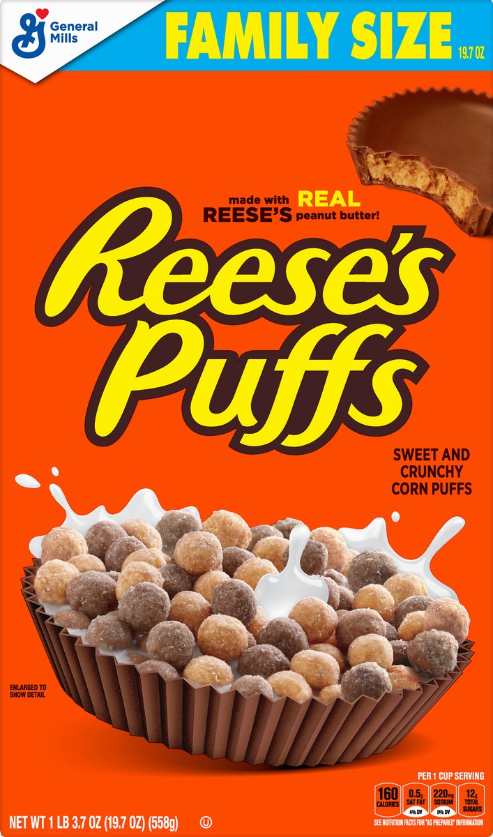 slide 9 of 11, Reese's Puffs REESE''S PUFFS Chocolatey Peanut Butter Cereal, Kid Breakfast Cereal, Family Size, 19.7 oz, 19.7 oz