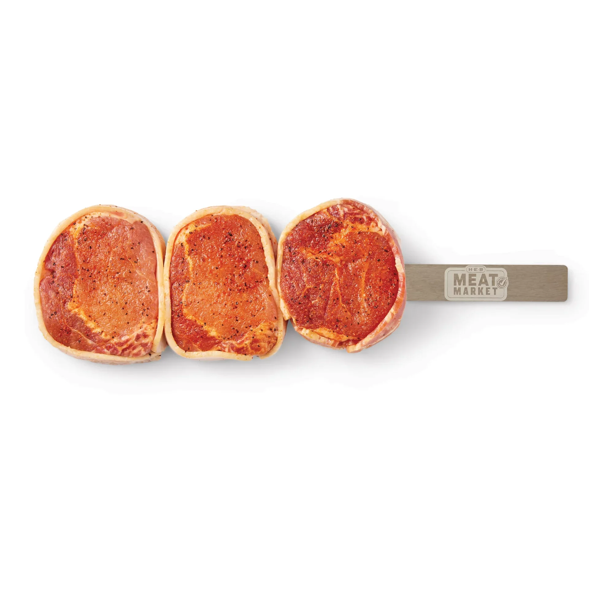 slide 1 of 1, H-E-B Meat Market Bacon-Wrapped Seasoned Ribeye Pork Chops Skewer, per lb