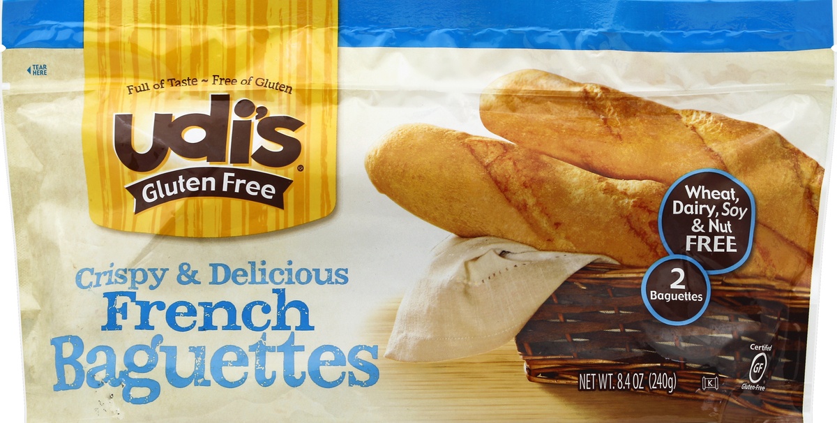 slide 2 of 3, Udi's Gluten Free Crispy and Delicious French Baguettes, Frozen, 8.47 oz. Bag, 2 ct; 8.4 oz