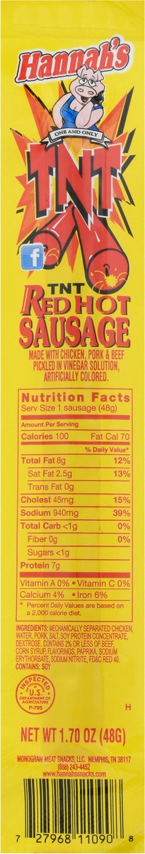 slide 12 of 14, Hannah's TNT Red Hot Sausage 1.70 oz, 1.7 oz