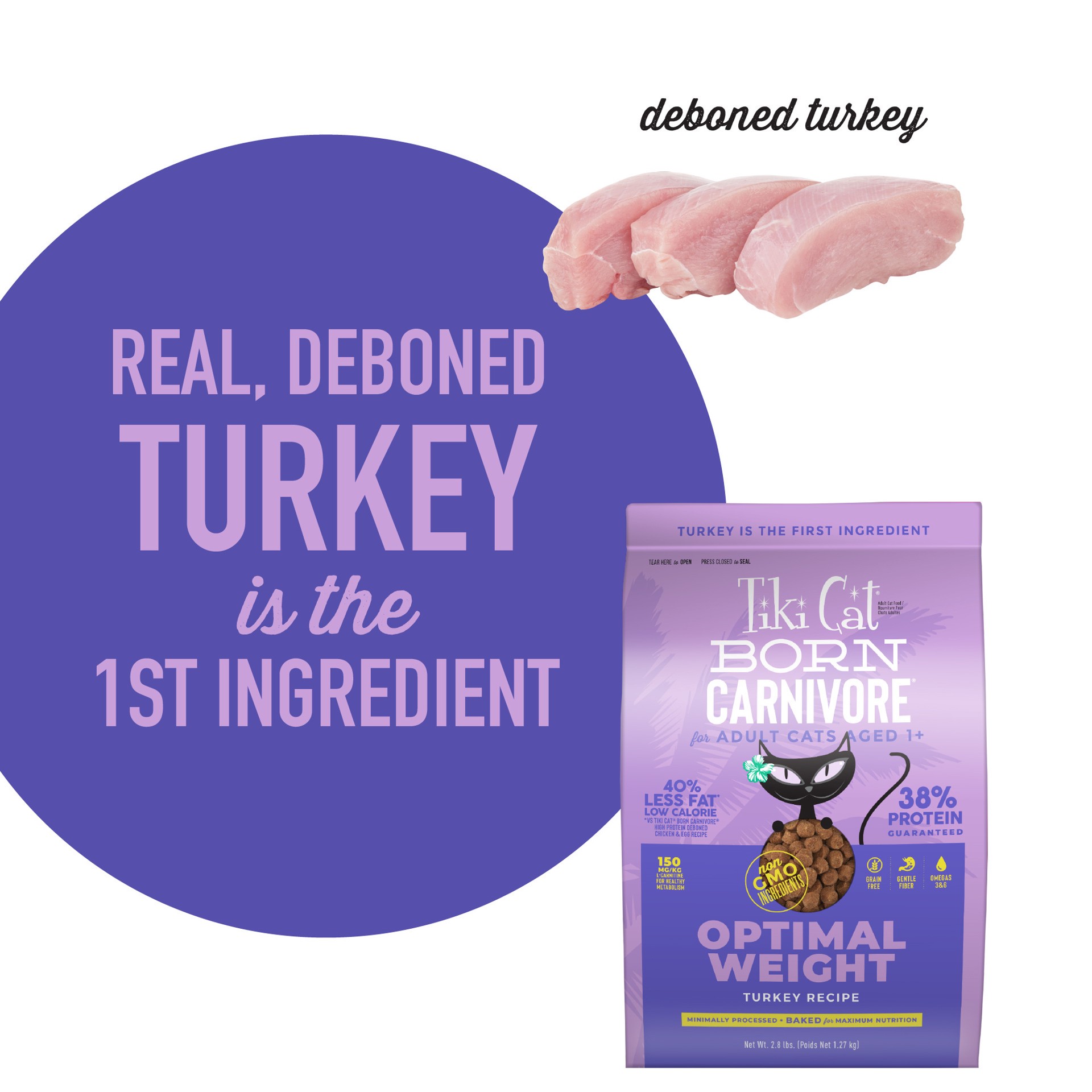 slide 2 of 7, Tiki Cat Born Carnivore Turkey Light Dry Food, 2.8 lb
