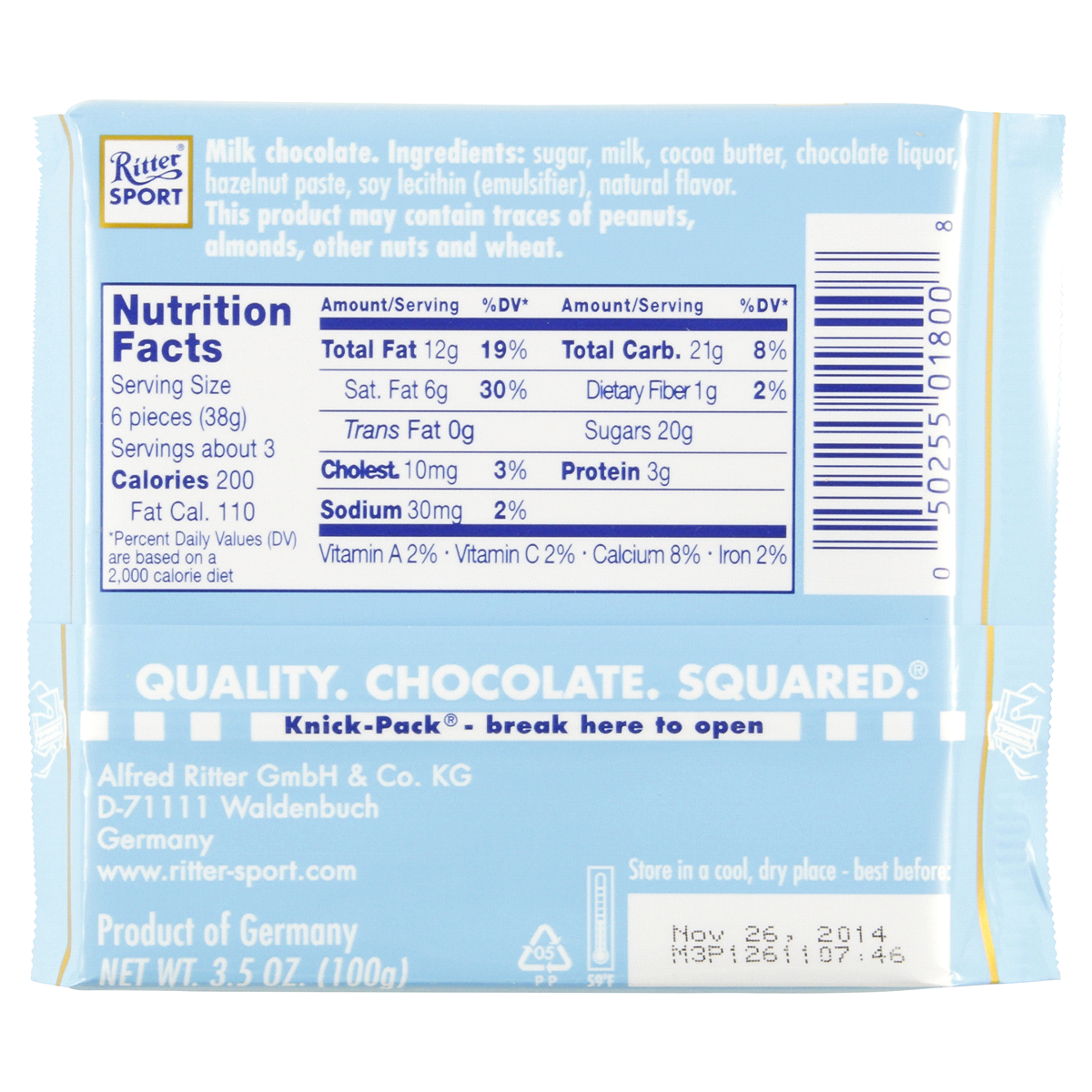 slide 2 of 2, Ritter Sport Alpine Milk Chocolate Bar, 3.5 oz