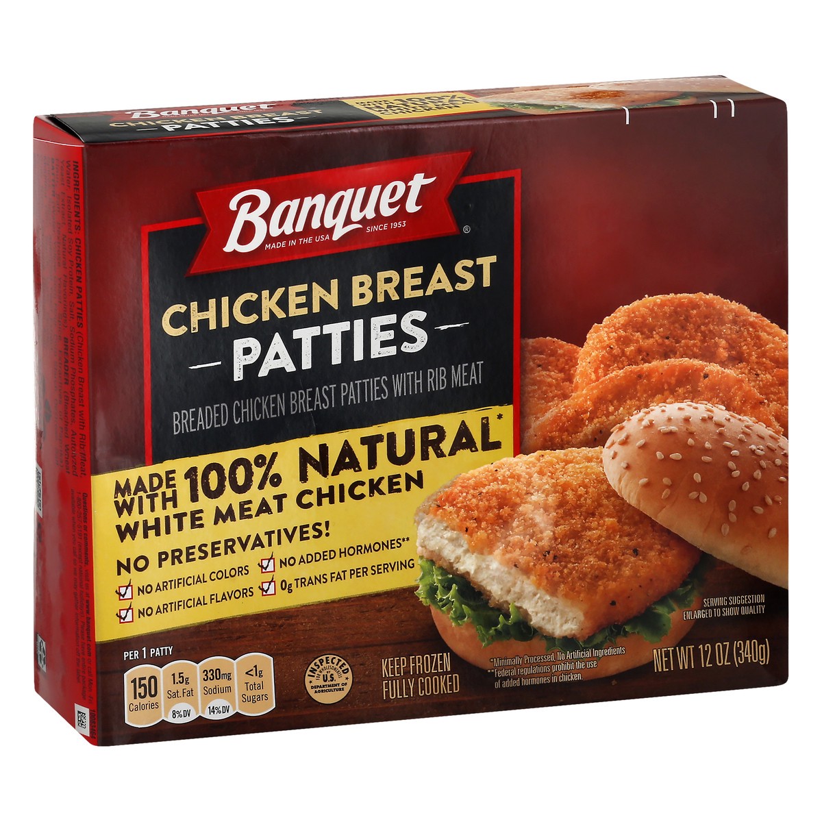 slide 4 of 10, Banquet Chicken Breast Patties 12 oz, 12 oz