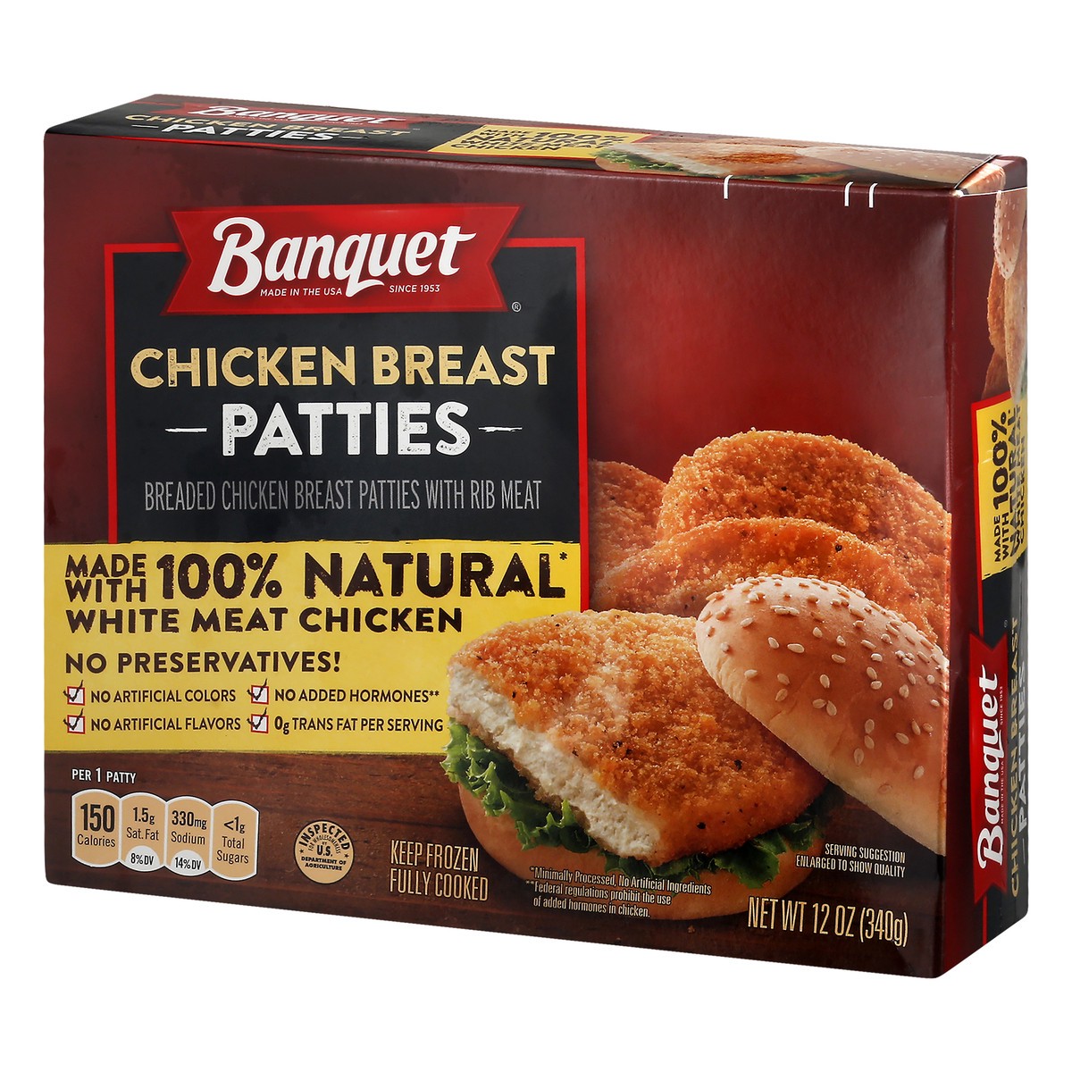 slide 3 of 10, Banquet Chicken Breast Patties 12 oz, 12 oz