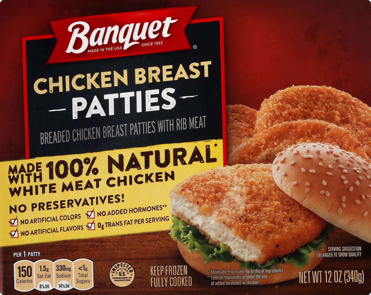 slide 10 of 10, Banquet Chicken Breast Patties 12 oz, 12 oz