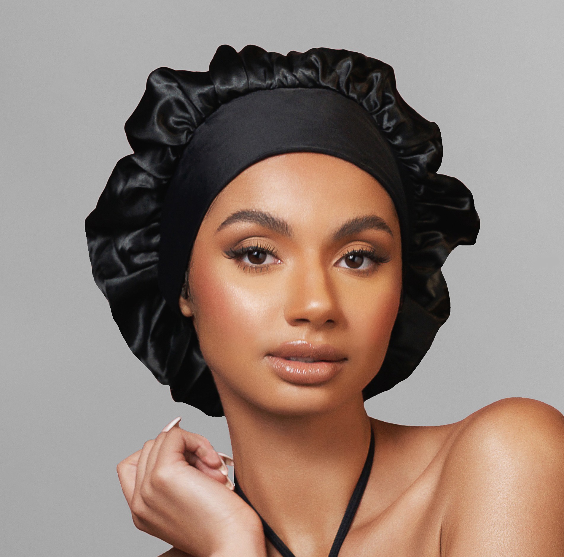 slide 2 of 5, KISS COLORS & CARE KISS Silky Satin Double Wear Cap Hair Bonnet, XL, BLACK, 1 ct