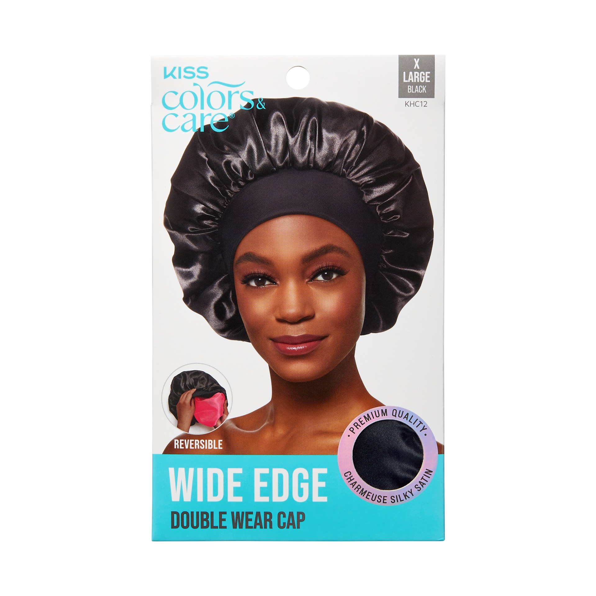 slide 1 of 5, KISS COLORS & CARE KISS Silky Satin Double Wear Cap Hair Bonnet, XL, BLACK, 1 ct