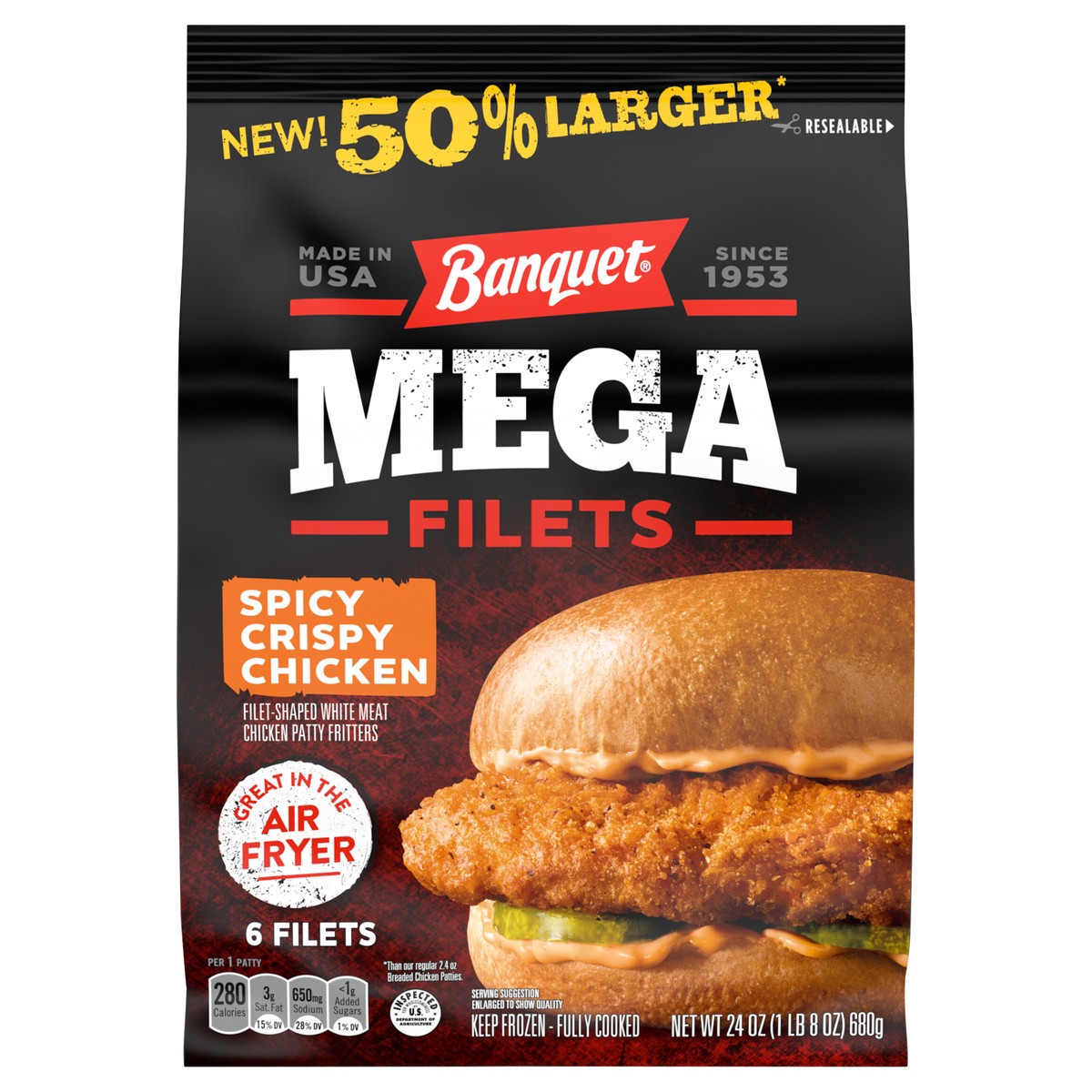 slide 1 of 7, Banquet Mega Bag Chicken Filets Spicy, 24 oz